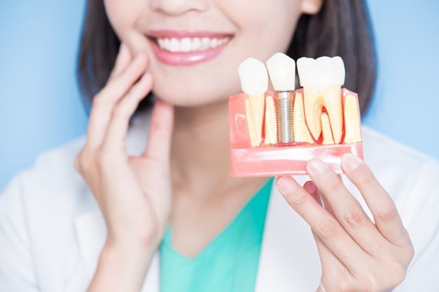 dentist holding dental implant model 